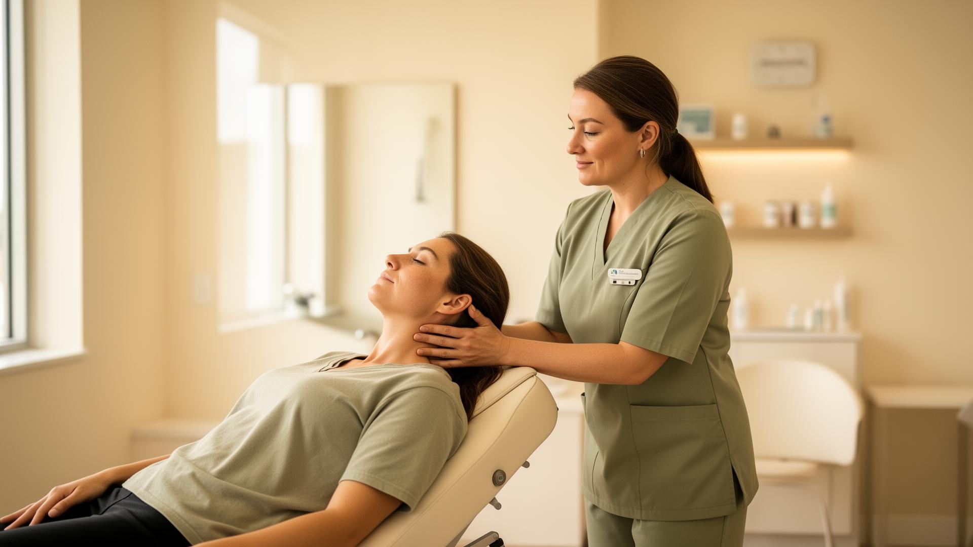 Chiropractor performing a gentle adjustment in a calm clinic